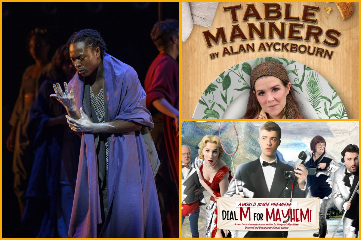 Collage of images of Jesus Christ Superstar production image, Table Manners poster, Dial M for Mayhem poster.